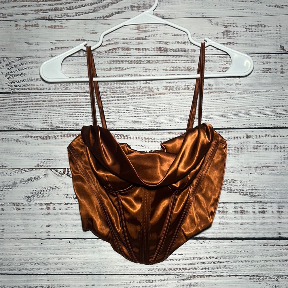 Satin Cowl Neck Zip Up Corset Top in Rust Copper Small